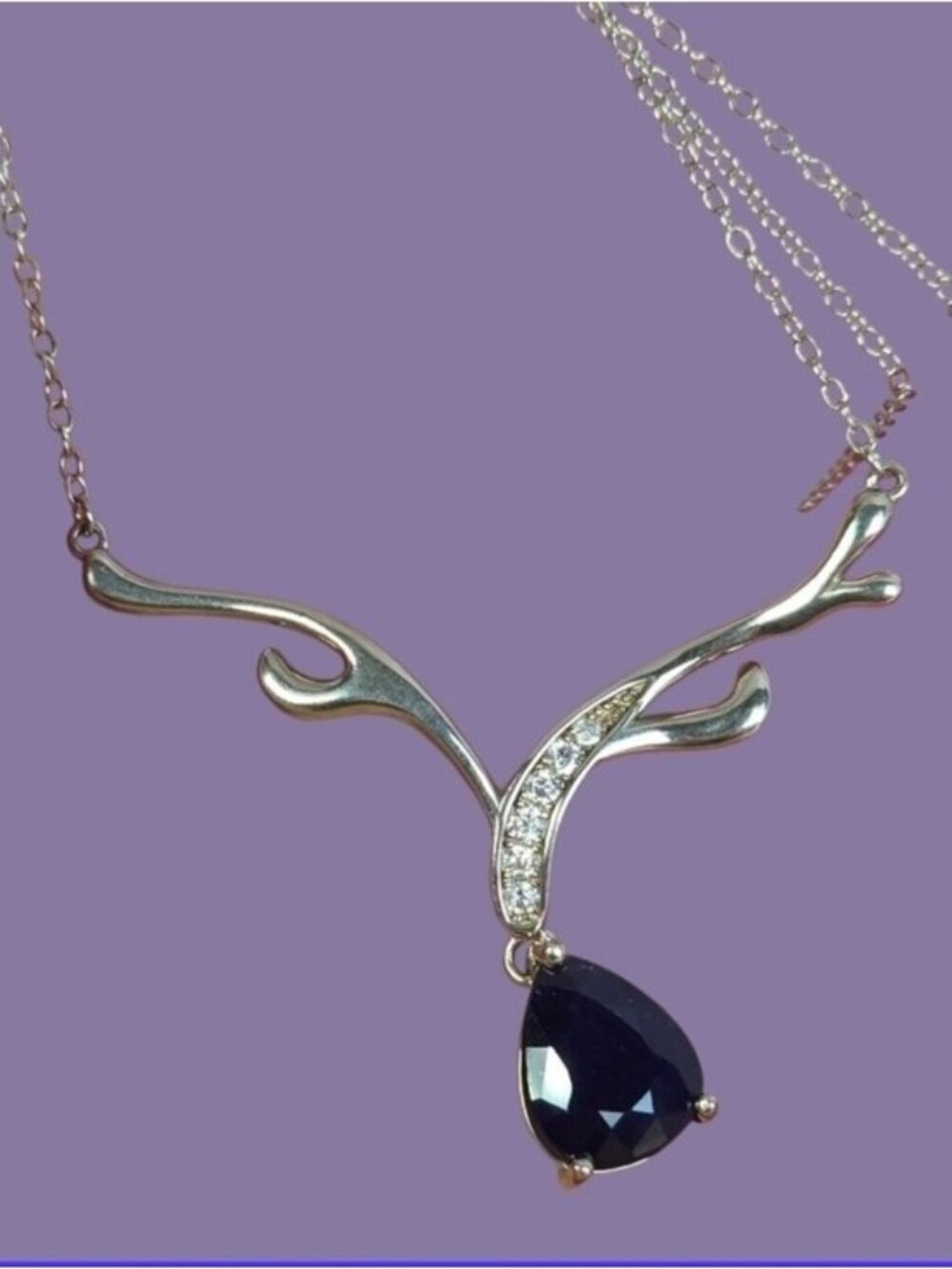 925 Sterling Silver Necklace 18"(Adjustable) with Natural Sapphire Gem & Cz